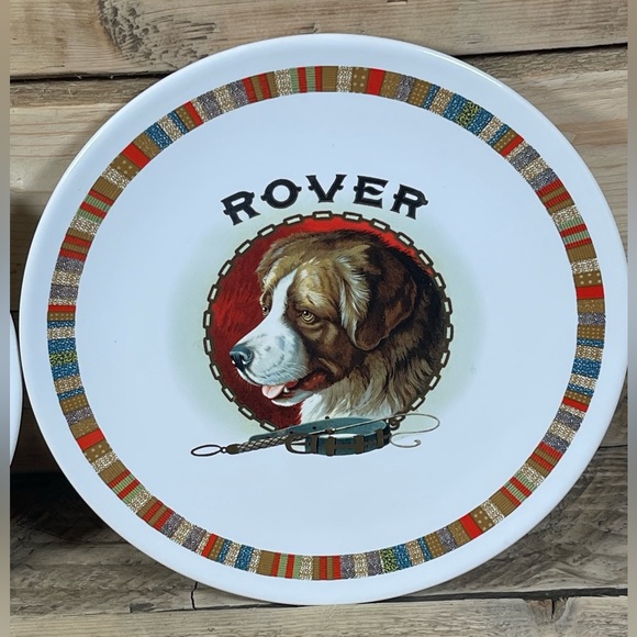 Lot of 2 Pottery Barn Rover Fireside Club Plate Dog White Multicolor Stripe Dish - Picture 3 of 13